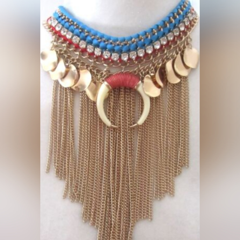 Bold Festival Necklace Gold Tone Fringe Rhinestones Ribbons Faux Horn Chain BOHO